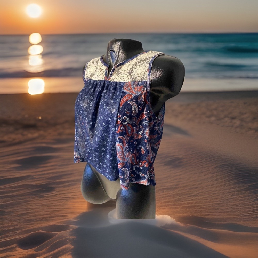 Sunset & Sixth Sheer Crop Top See Through Sleeveless Lg Paisley Boho Fairy Core